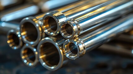 Naklejka premium Close-up of polished metal pipes with threaded ends arranged in a neat stack, showcasing their precision engineering and gleaming finishes under industrial lighting.