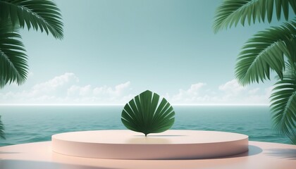 Obraz premium Empty podium for product presentation with palm leaf on seascape, vector illustration created with generative ai.
