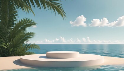 Obraz premium Empty podium for product presentation with palm leaf on seascape, vector illustration created with generative ai.