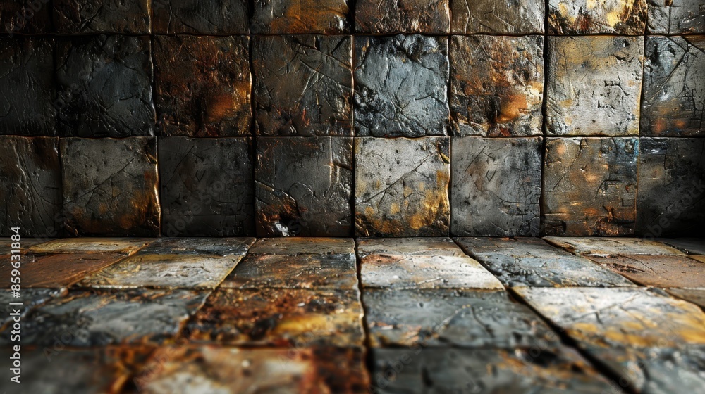 Poster this image presents a rustic and worn background composed of square tiles, characterized by an array