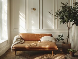 Cozy Mid Century Modern Leather Futon with Brass Accents in Minimalist Scandinavian Inspired Room