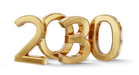 2030 golden metallic new year symbol, isolated, gold bold number as year, 3d-illustration