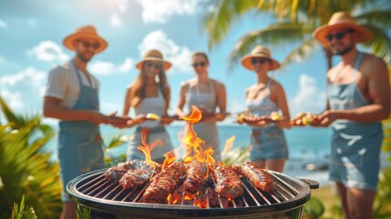 A group of people enjoys a barbecue on the beach under sunny skies, with sizzling meat on the grill, palm trees, and the ocean visible in the background.