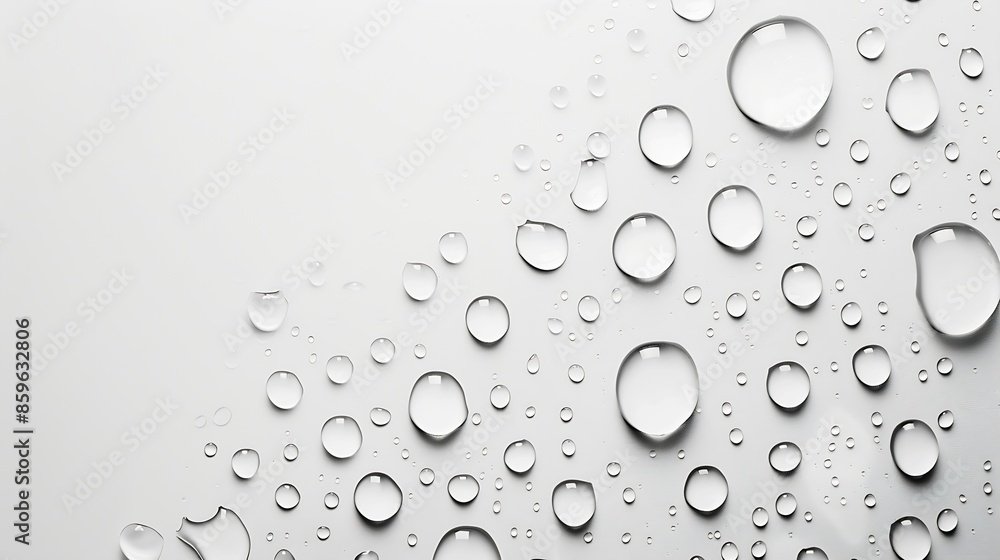 Poster many water drops on white background top view : generative ai