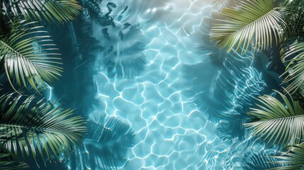 A mesmerizing overhead view of clear blue water reflecting sunlight, surrounded by lush tropical palm leaves, creating a serene and peaceful ambience.