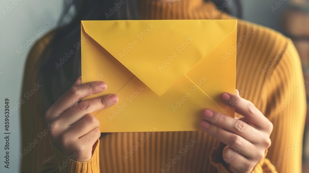Poster woman holds a paper yellow envelope in her hand new mail message postal service the person wants to 