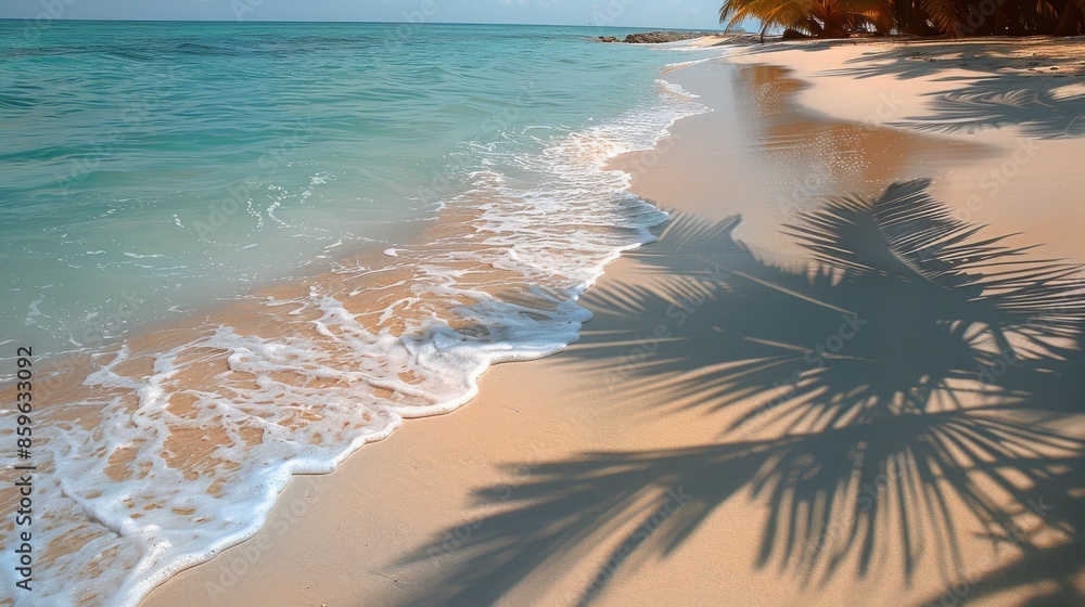Poster Beautiful tropical beach with clear turquoise waters and palm tree shadows cast over the soft white sand creating a serene and inviting atmosphere.