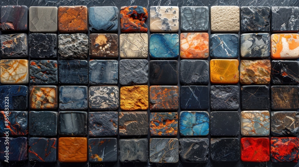 Poster a wide array of marble tiles in various colors and patterns, all polished to a smooth finish, showca