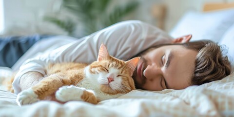 Young man and cat sleeping together on the bed