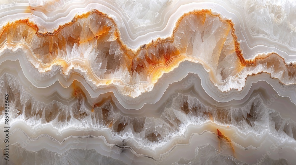Poster this image features an intricate cross-section of a geode, displaying white and orange crystal layer