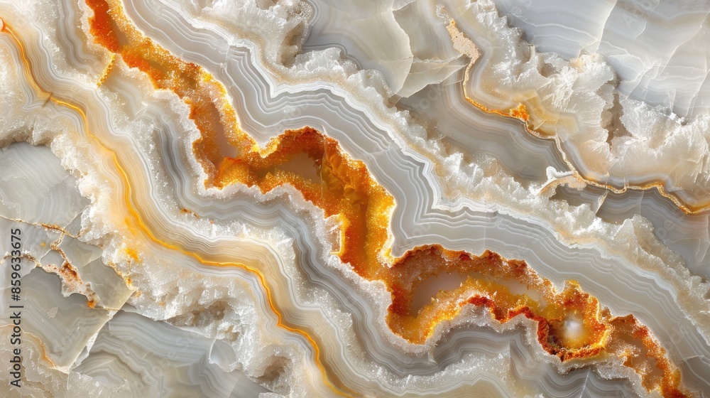 Poster an image of a sliced geode features colorful white and orange layers of crystals. the intricate patt
