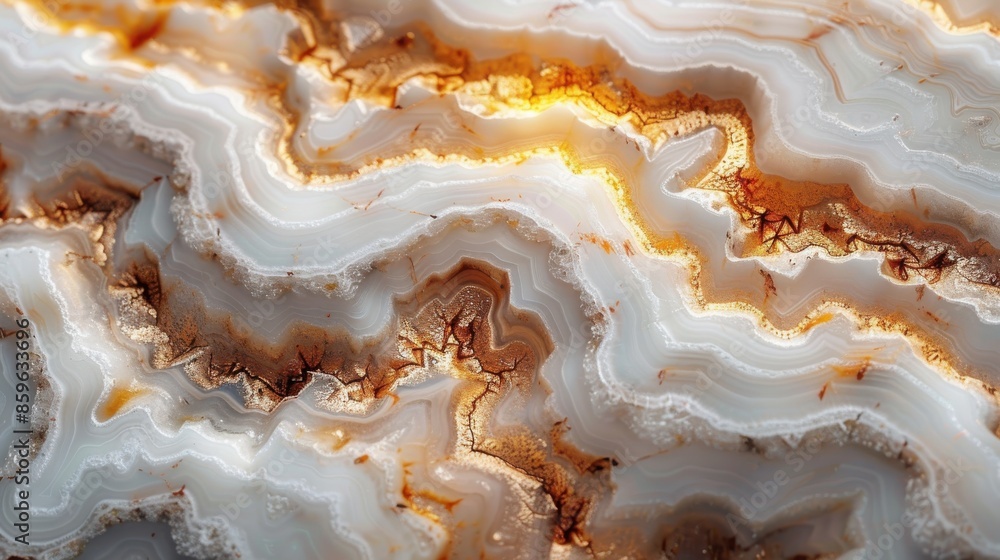 Poster the image showcases a glowing cross-section of a geode, with an array of complex white and orange cr