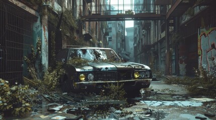 Obraz premium Abandoned Vintage Car Blocking Crumbling Urban Street with Peeling Paint and Overgrown Weeds
