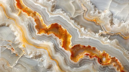 Fototapeta premium An image of a sliced geode features colorful white and orange layers of crystals. The intricate patterns and vibrant hues highlight the geological marvel of these stones.