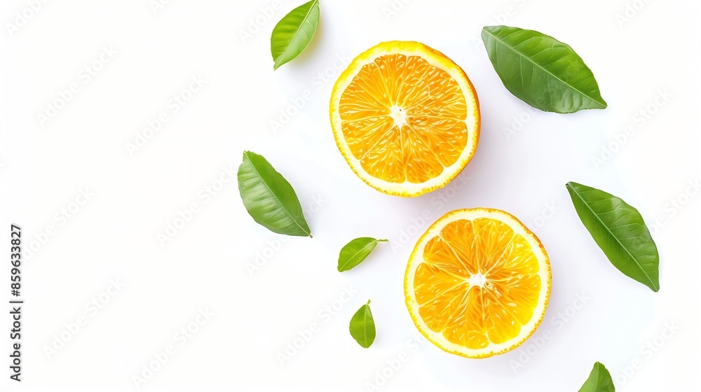 Aufkleber Orange slice isolate Orange fruit slices with leaves on white background Orang with clipping path Full depth of field Perfect not AI orange fruit true photo : Generative AI