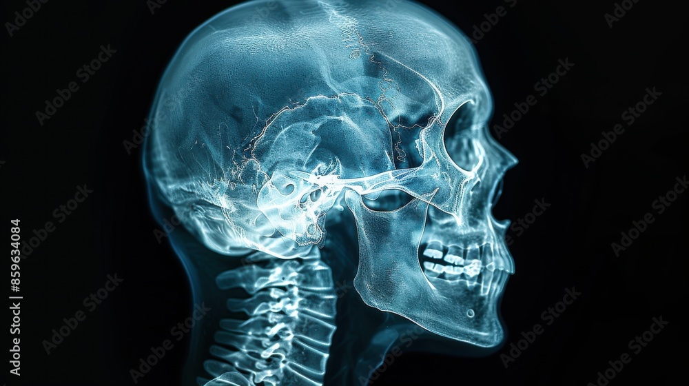 Poster a high-resolution x-ray image showcasing the intricate details of a human skull and the upper portio