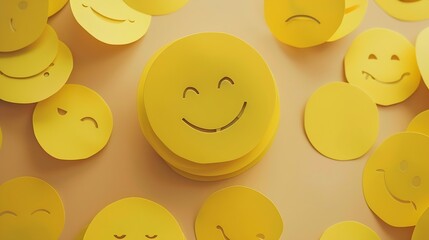 Large happy smiley face paper cut which is among various emotions good feedback rating and positive customer review experience satisfaction survey mental health positive life concept : Generative AI