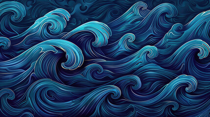 Intricate, swirling blue waves with white highlights create a dynamic, flowing pattern, giving a sense of movement and depth.