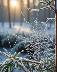 High-quality photo of a frost-covered spider web on a winter morning, adorned with delicate ice crystals.