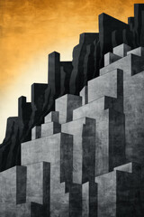 Abstract architectural artwork depicting geometric cityscape structures against a warm sunset, symbolizing urban growth and modern development