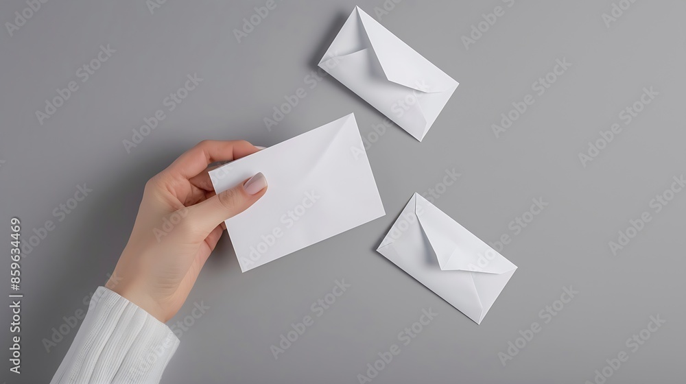 Aufkleber dolls hand takes white notification message mail envelopes on gray background creative minimalism la