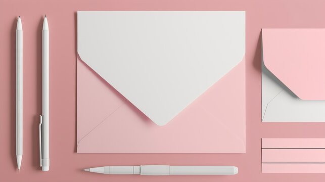 Branding  Stationery MockUp  Pink  WhiteLetterhead A4 DL Envelope Compliments Slip 99x210mm Business Cards 85x55mm Mailing Tube : Generative AI