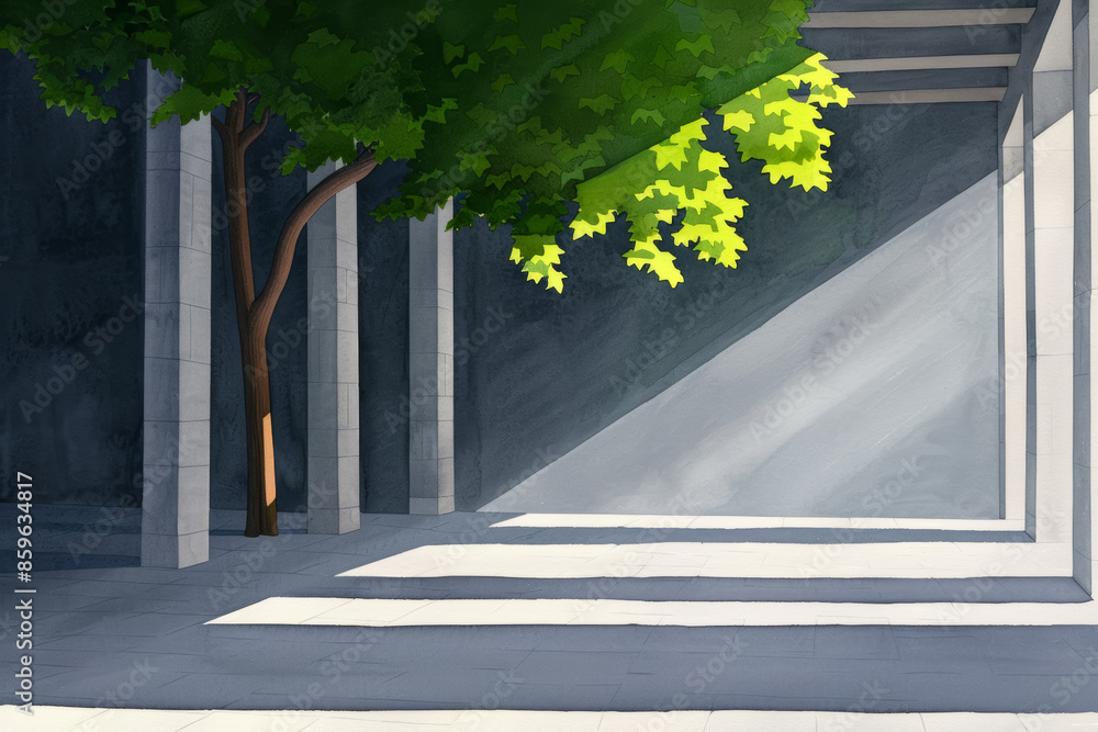 Aufkleber sunlight streaming through modern architectural columns and a tree, symbolizing tranquility and urba
