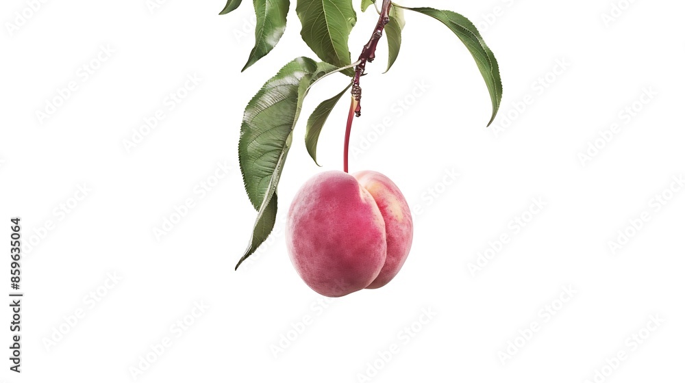 Poster isolated peach One raw pink peach hanging on a stem with leaves isolated on white background with clipping path : Generative AI