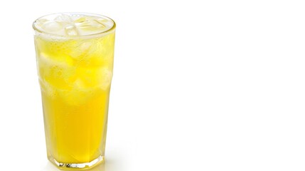 Glass of yellow soda soft drink isolated on white background Sweet fruit taste of pear apple vanilla or cream soda : Generative AI
