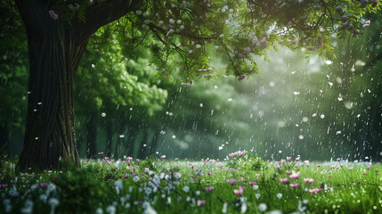 한여름 장마철 울창한 숲 속의 꽃비와 나무