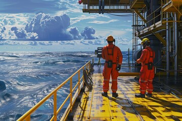 Two workers in orange protective gear stand on an offshore oil rig platform. Clouds in the sky and waves in the sea emphasize the vastness. Industrial, maritime, exploration. Generative AI