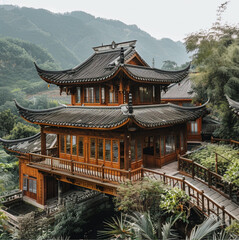 Fototapeta premium a traditional Chinese style wooden small house with a view of nature, mountains, and streams.
