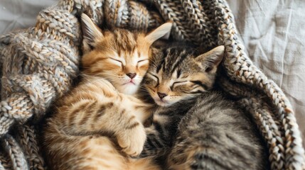 Two adorable sleeping kittens on cozy knitted blanket sharing sweet dreams Feline love on Valentine s Day