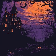 Halloween Background with Haunted House and Text Area
