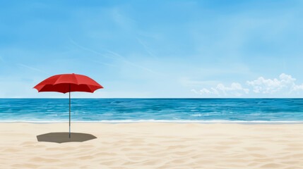 Fototapeta premium A solitary red beach umbrella provides shade on a sunny, serene tropical beach, perfect for summer relaxation and vacations