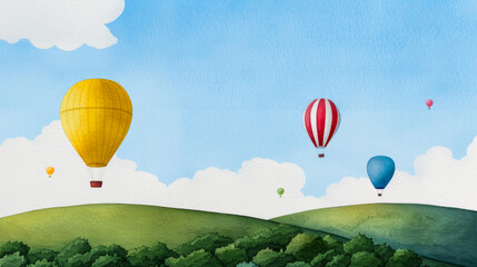 Fototapeta premium Colorful hot air balloons soar over green hills and lush forests under a clear blue sky during a joyful summer festival