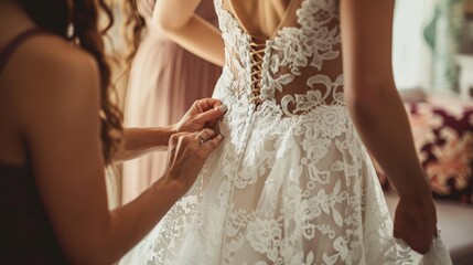 A bridesmaid helps a bride fasten her wedding dress