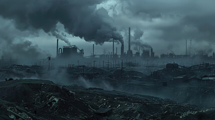 Fototapeta premium Smoke billows from numerous chimneys over dark land and old structures under a heavy, cloudy sky. The ground is uneven with scattered debris.