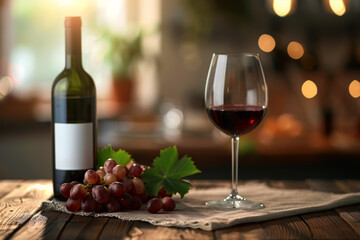 Obraz premium A cozy, intimate setting featuring a bottle of red wine, a glass, and fresh grapes, perfect for a romantic evening or celebrating Valentine's Day