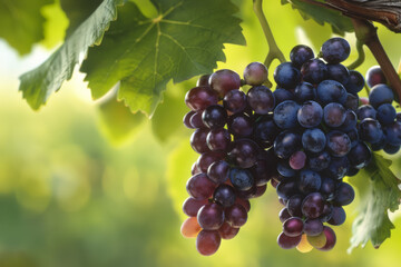 Fototapeta premium Clusters of ripe grapes hang from the vine, symbolizing harvest season and the abundance of agricultural bounty