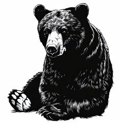 A black and white drawing of a bear on a white background