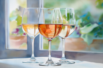 Three wine glasses filled with white, rose, and red wine beside a sunny window, perfect for summer gatherings