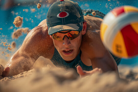 Beach volleyball player diving for the ball, sand flying, intense focus, dynamic action.