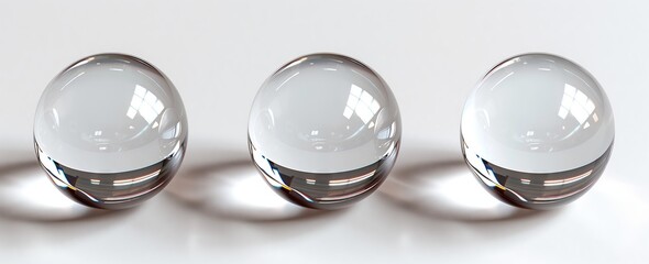 3 transparent glass spheres on a white background, in a top view