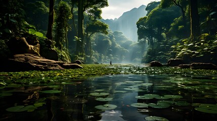 Lush rainforest with serene river and hidden waterfalls