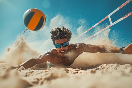 A beach volleyball player dives to save the ball, sand scattering around him.