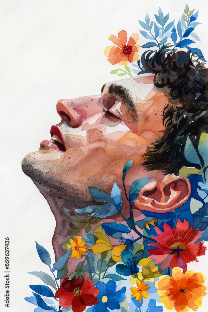 Poster A vibrant watercolor illustration features a man surrounded by blooming flowers, symbolizing the concept of inner peace and connection with nature