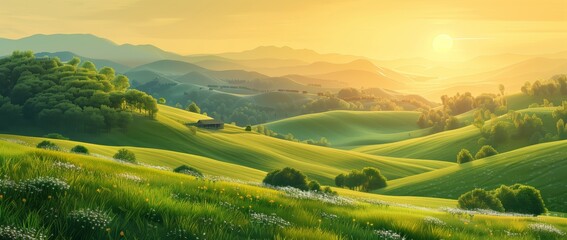 Fototapeta premium A beautiful green landscape with rolling hills and grass at sunset. The sun is setting in the background