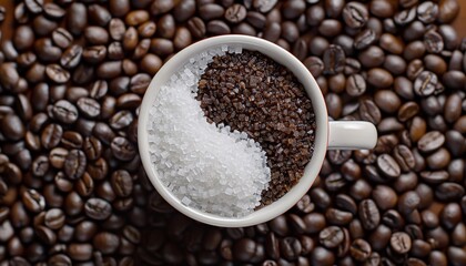 Obraz premium Yin Yang Symbol Made of White and Brown Sugar in Coffee Cup Surrounded by Coffee Beans