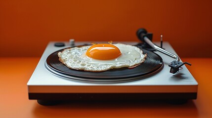 Creative Concept of Fried Egg on Vinyl Record Player Against Vibrant Orange Background